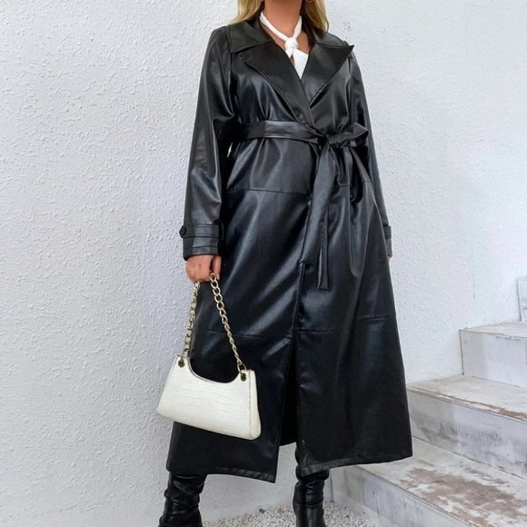 PLUS SIZE BLACK PU LEATHER COLLAR BELTED TRENCH COAT - Picture 3 of 7